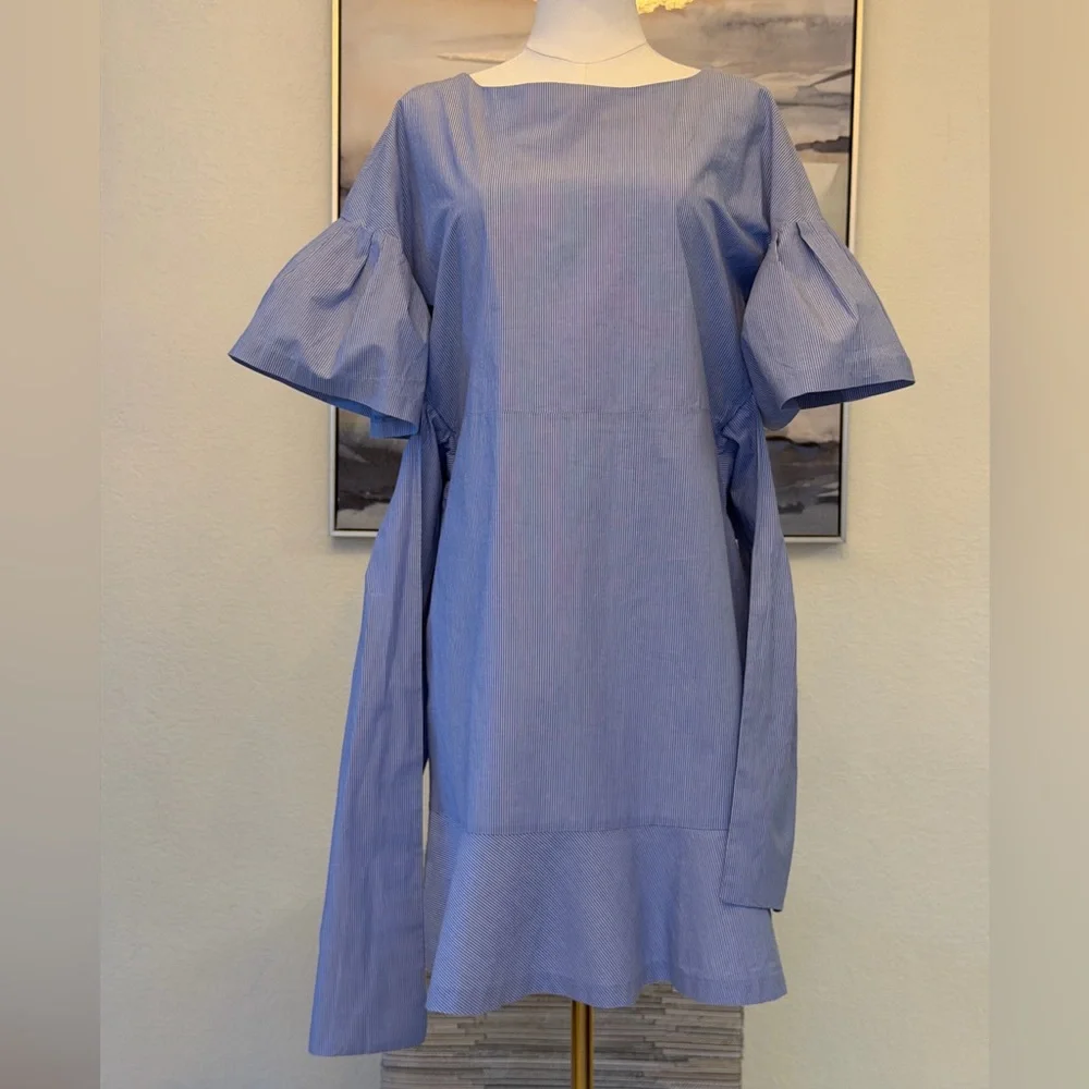 100% cotton Blue White Striped Midi Dress with Flare Sleeves - Picture 14 of 16